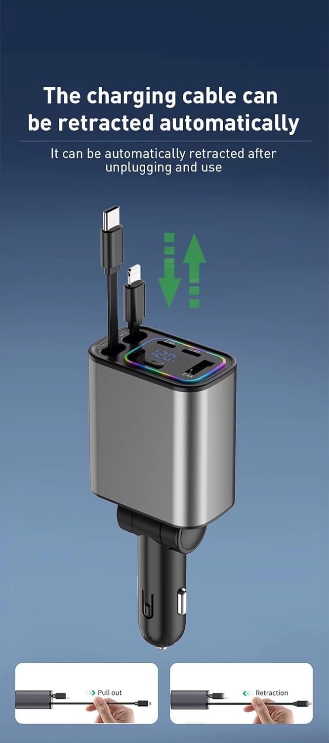 Retractable Car Charger, 120W 5 in 1 Super Fast Charger